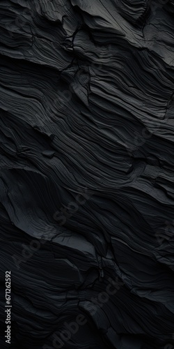 A detailed close up of a black rock wall. This image can be used in various projects that require textures or backgrounds related to nature, geology, or construction