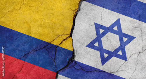 Colombia and Israel flags, concrete wall texture with cracks, grunge background, military conflict concept