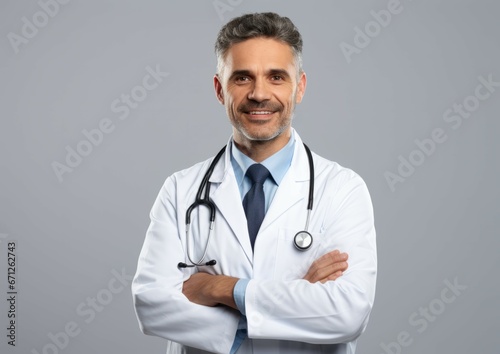 Healthcare, medical staff doctor concept. Portrait of smiling male doctor posing with folded arms on grey or white studio background with free space. Professional general practitioner photo.