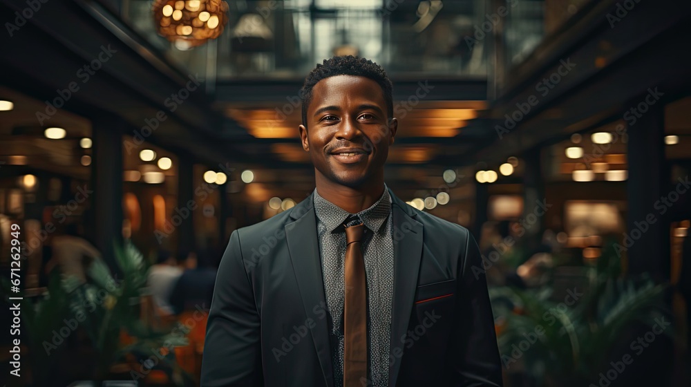 Fototapeta premium Portrait of smiling african businessman standing in office with crossing hands. Man portrait illustration. Generative AI