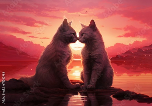 Two cute cats kiss tenderly under the warm glow of a pink sunset