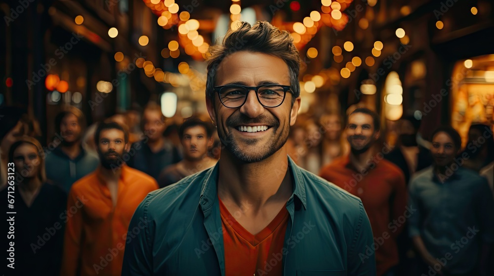 Collage of cheerful excited glad optimistic crowd of different human have toothy beaming smile wear casual clothes over background. Model portrait illustration. Generative AI