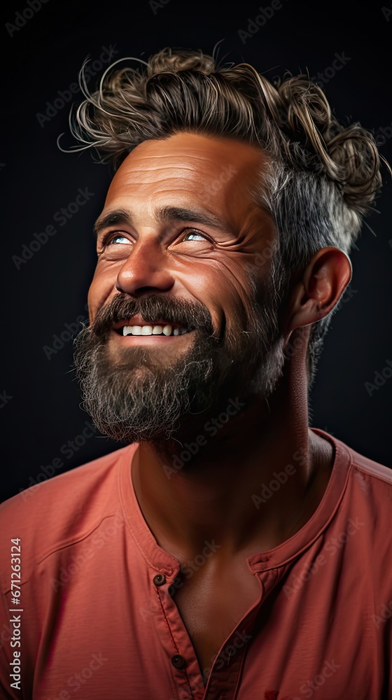 Smiling bearded young male model rejoices coming weekends, dressed casually, over background. Man face portrait illustration. Generative AI