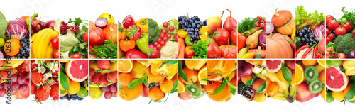 Double pattern of fresh vegetables  fruits and berries isolated on white