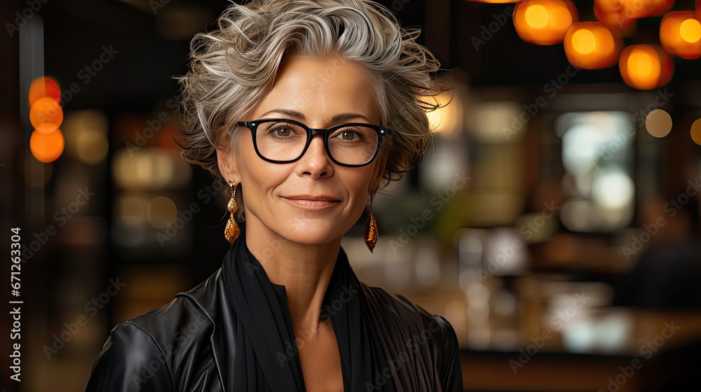 Portrait of a happy senior businesswoman looking at camera. Senior woman entrepreneur with her arms crossed standing against background. Model portrait illustration. Generative AI Portrait of a happy senior businesswoman looking at camera. Senior woman entrepreneur with her arms crossed standing against background. Model portrait illustration. Generative AI