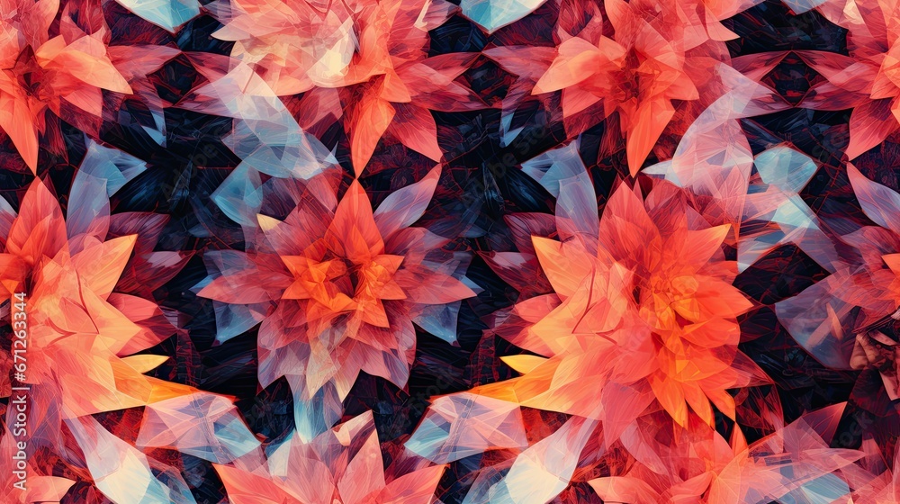 a pattern of red and blue flowers on a black and red background with a red center in the middle of the image. generative ai a pattern of red and blue flowers on a black and red background with a red center in the middle of the image. generative ai