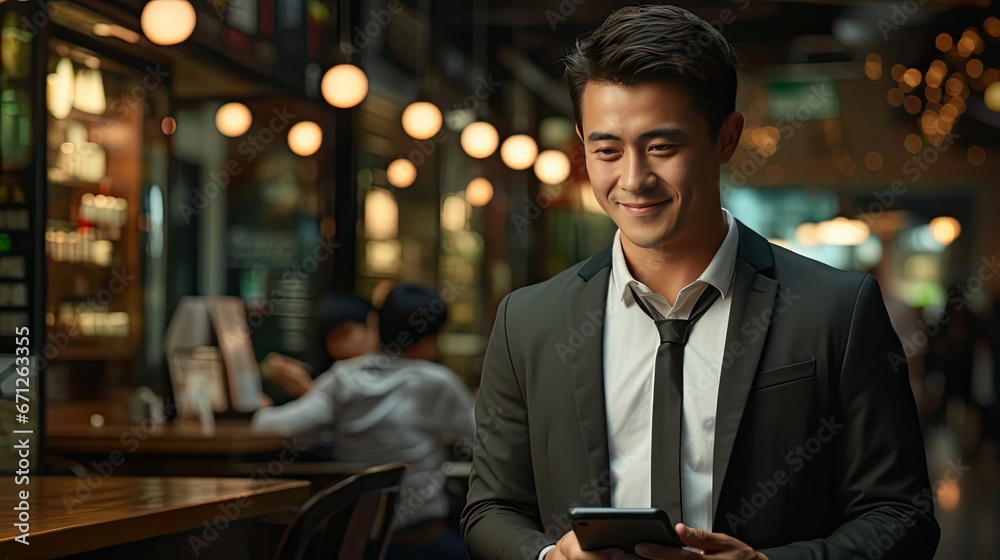 Portrait young Asian man handsome happy smile in formal shirt using smartphone trading or chatting on background. Man portrait illustration. Generative AI