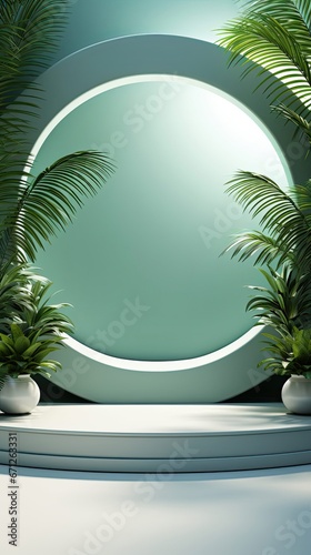 Abstract white studio background for product presentation. Empty room with shadows of window and flowers and palm leaves. Room with copy space. Background with shadow. Generative AI