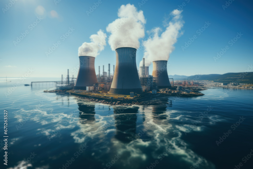 A panoramic view of a nuclear power plant, showcasing the vast complex of reactors and cooling towers. Concept of atomic energy infrastructure. Generative Ai.