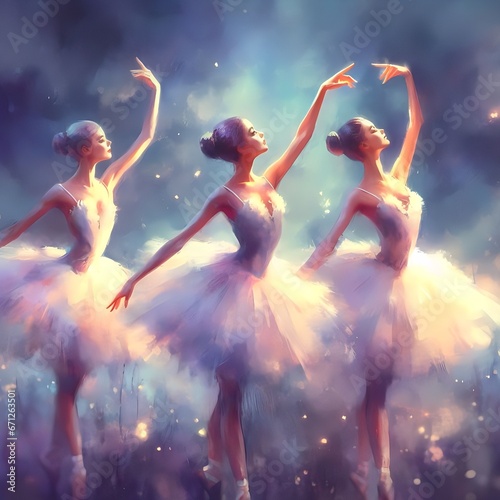 Three ballerinas Dancing in Soft pastel lights, soft colours, ai generated