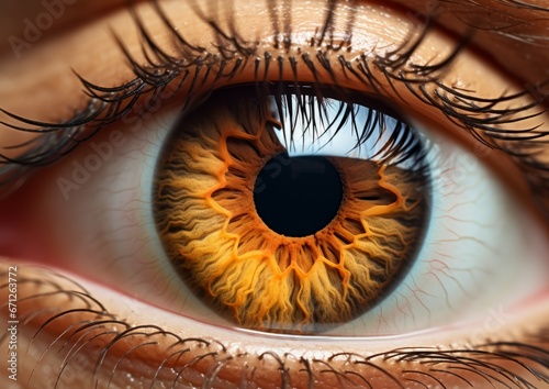 Beautiful macro photo of orange human eye, iris, pupil, eye lashes, eye lids. photo