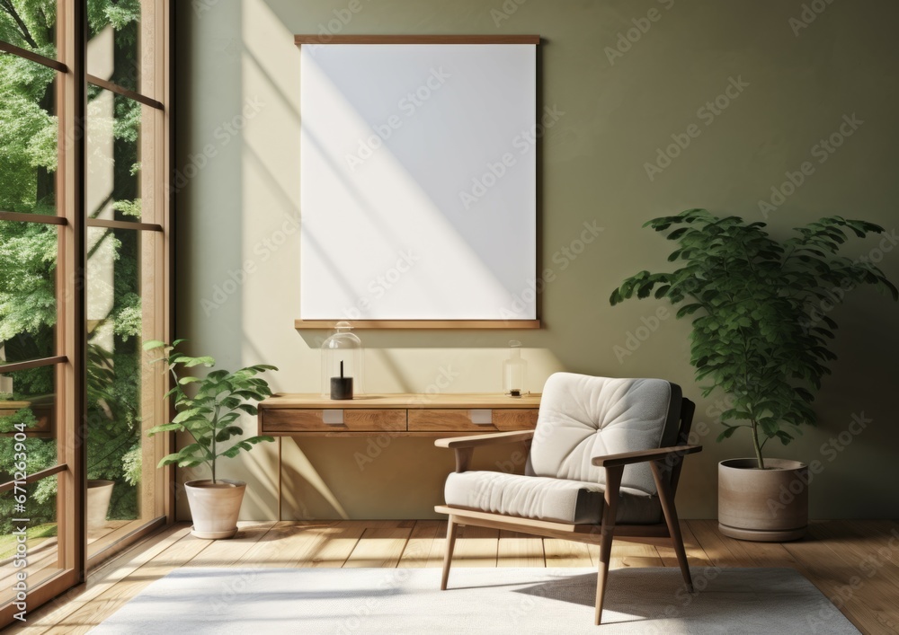 Wall art empty picture frame mockup on wooden desk, wall, table. Vase with olive branches, cactus. Elegant working space, home office concept.