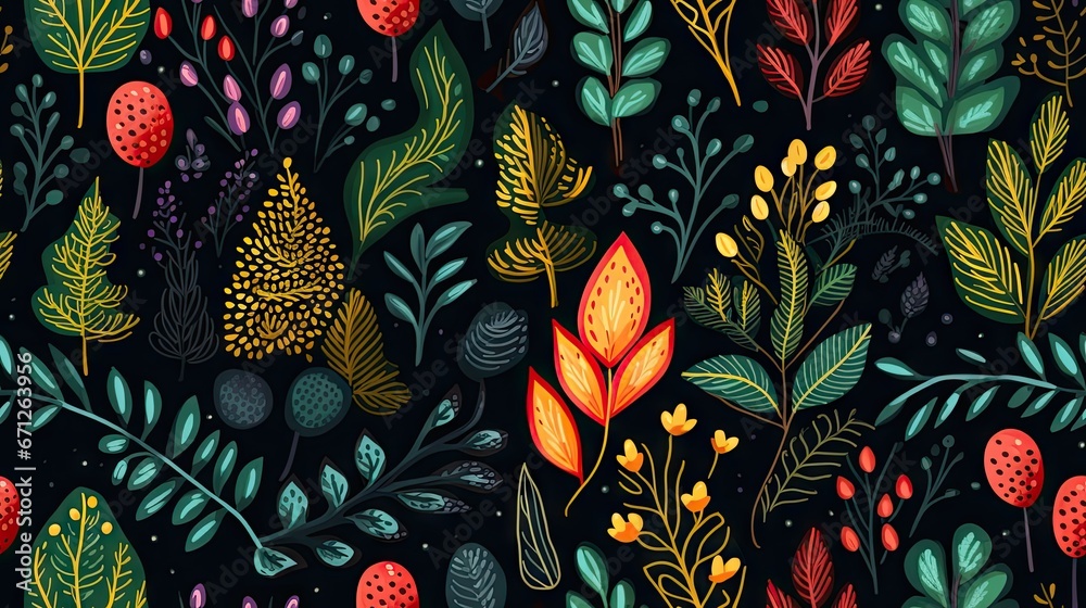 a black background with a bunch of different types of plants and berries on it, all painted in different shades of red, green, yellow, orange, and blue. generative ai a black background with a bunch of different types of plants and berries on it, all painted in different shades of red, green, yellow, orange, and blue. generative ai