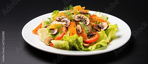 A salad made with mushrooms sesame seeds lettuce carrots and celery