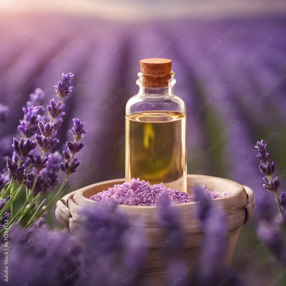 Bottle of essential oil. Lavender field background. Health and wellness concept. Face and body beauty concept. Spa and cosmetic concept. Place for text. Bottle of essential oil. Lavender field background. Health and wellness concept. Face and body beauty concept. Spa and cosmetic concept. Place for text.