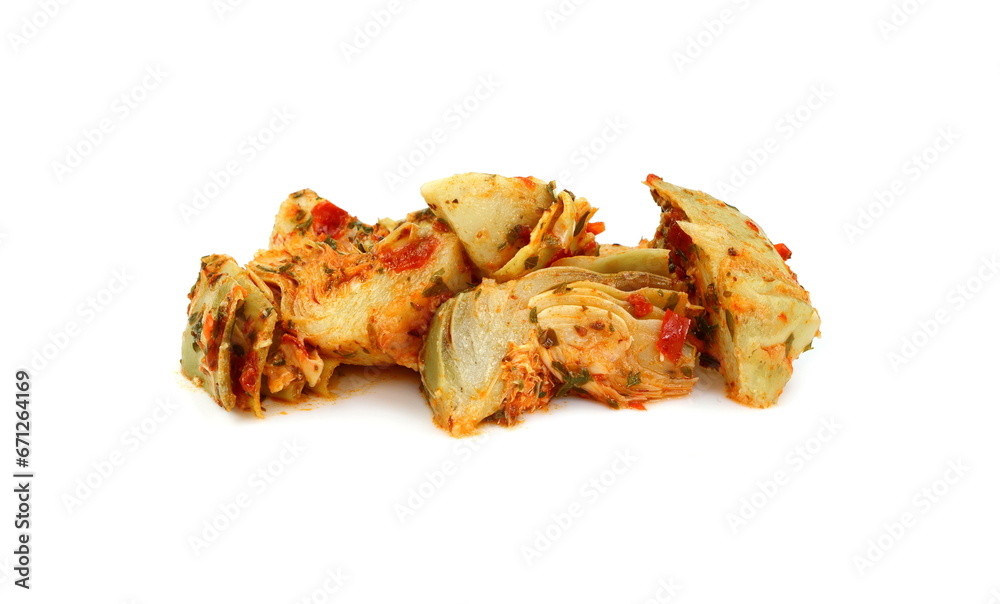 artichokes salad with vegetable mix sauce dressing isolated on white background. artichokes salad with vegetable mix sauce dressing isolated on white background.