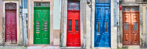 Set of old traditional wooden doors with wrought iron door knockers in Portugal. Collage of door photo