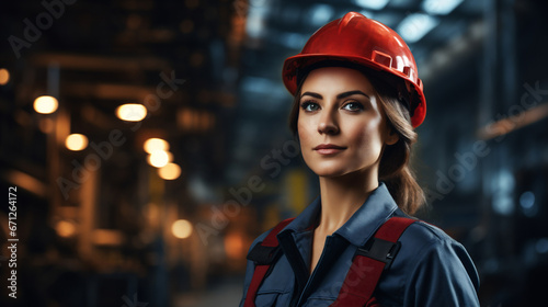 Portrait of Industry maintenance engineer woman wearing uniform and safety hard hat on factory station. AI Generative