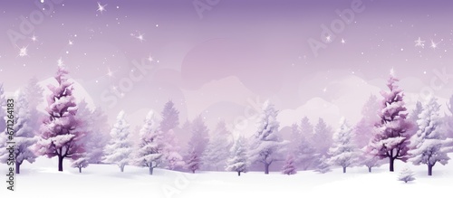 A Christmas themed border made up of a seamless winter landscape with white fir trees set on a purple background in raster format © 2rogan