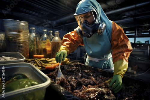 A bio-refinery worker extracting valuable resources from food waste, in accordance with commitment to responsible consumption and production. Generative Ai.