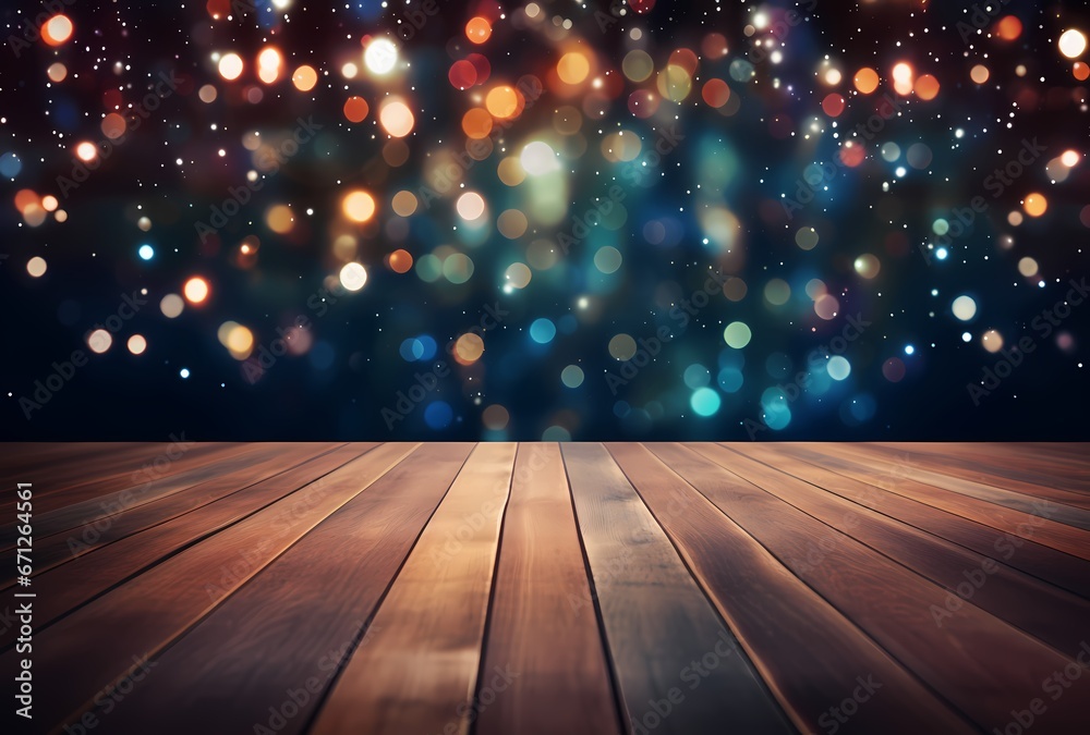 colorful background with wooden floor and lights in blurred Christmas market background