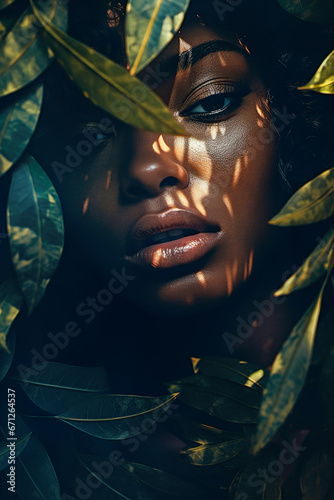 Close up beauty portrait of an black female beauty surrounded by lush green leaves of a jungle