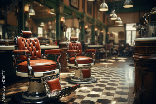 A retro barbershop with a spinning barber pole and leather chairs, reminiscent of a traditional grooming experience. Generative Ai.