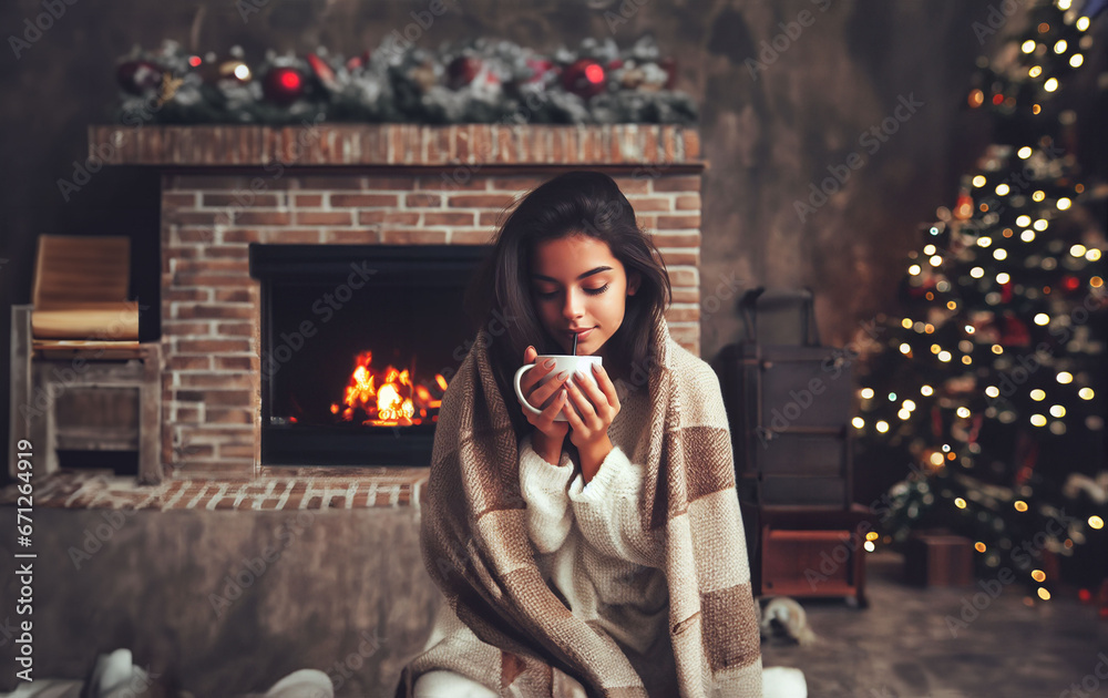 Jeune femme brune assise face caméra, portant un pull blanc et emmitouflée dans un plaid, qui sirote un chocolat chaud devant une cheminée avec un feu, arbre de noël et décorations derrière elle. - obrazy, fototapety, plakaty 