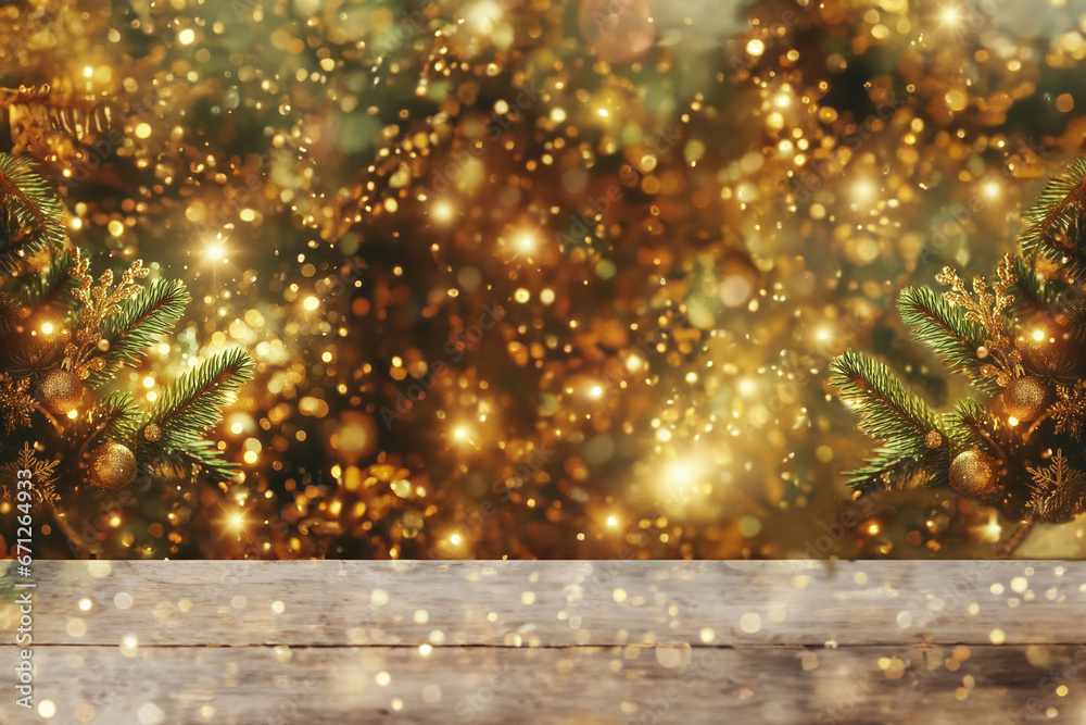 Vue de face d'un arrangement de branches de sapin, de guirlandes de noël allumées, de boules de noël et autres décorations, avec des particules lumineuses dorée  fond background foncé