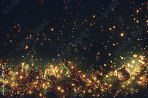 Vue de face d'un arrangement de branches de sapin, de guirlandes de noël allumées, de boules de noël et autres décorations, avec des particules lumineuses dorée  fond noir background photo