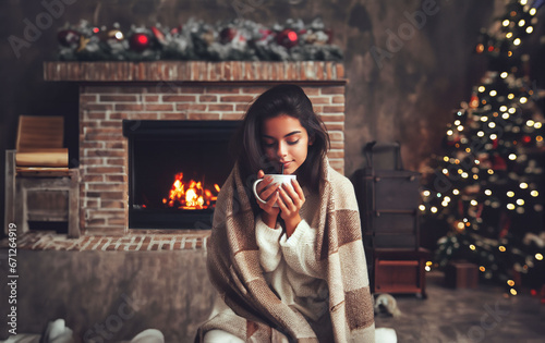 Jeune femme brune assise face caméra, portant un pull blanc et emmitouflée dans un plaid, qui sirote un chocolat chaud devant une cheminée avec un feu, arbre de noël et décorations derrière elle.