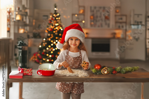 Petite fille caucasienne blonde qui prépare des cookies en attendant Noël dans son salon, avec un bonnet de lutin de noël sur la tête. L'intérieur de la maison est décoré pour Noël avec un sapin