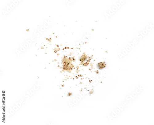 Shelled and ground almond nuts. Edible, dried, brown seeds of Prunus dulcis. Ingredient in marzipan, nougat, cookies. Isolated macro food photo close up from above on white background.