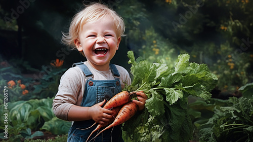 little child holding some fresh harvest vegetables standing and laughing in the garden photo