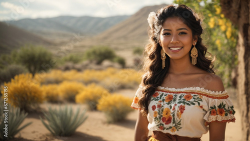 Bellissima ragazza messicana con capelli lunghi e vestito tipico sorride. Sullo sfondo il panorama del Messico. photo
