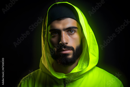 Colorful studio portrait of a young arab man with a stylish beard and wearing a neon green hoodie. Generative AI