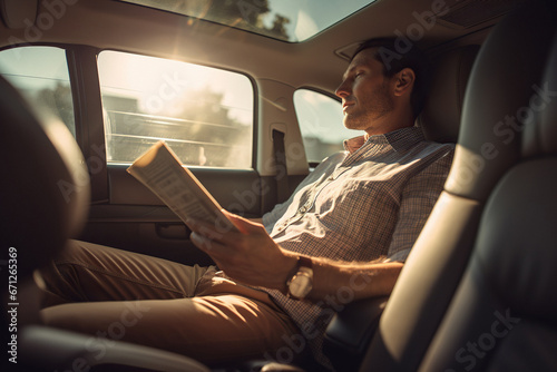 Attractive male is reading on passenger seat while going on car threw city © Oleksandr Kozak