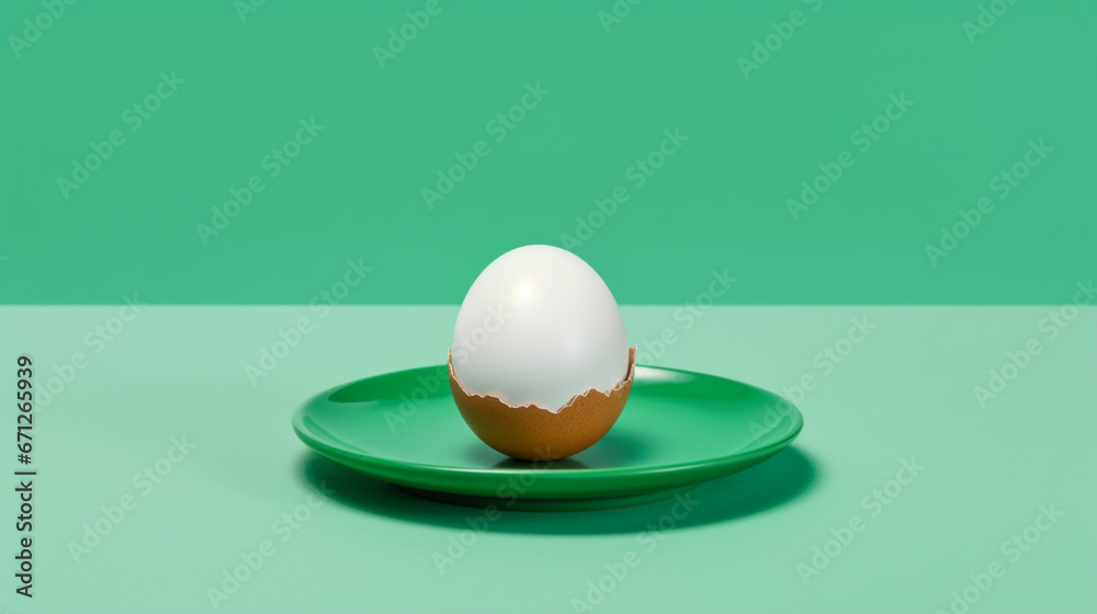 Oeuf à la coque, ouvert sur une petite assiette verte. Fond vert pâle. Nourriture, sain, poule. Arrière-plan pour conception et création grahpique. Oeuf à la coque, ouvert sur une petite assiette verte. Fond vert pâle. Nourriture, sain, poule. Arrière-plan pour conception et création grahpique.
