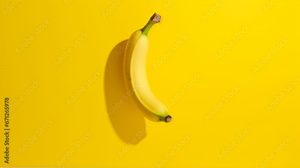 Banane sur un fond jaune. Nourriture, fruit, isolé. Arrière-plan pour conception et création graphique. - obrazy, fototapety, plakaty 