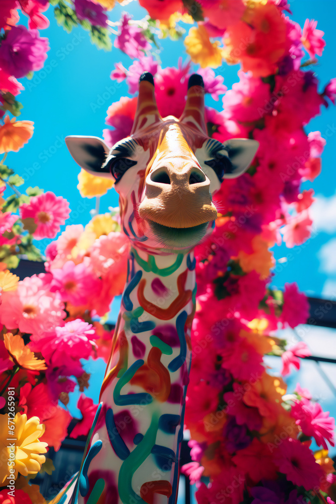 Portrait of a fashionable giraffe in multi-colored paint stains against a background of pink flowers outdoors. Blue clear sky background. Design for banners, cards, posters. AI generated.