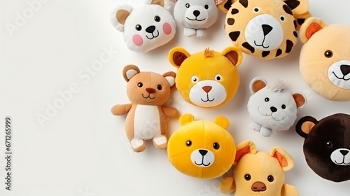 Many different funny soft animal toys on a white background. Top view, isolated, copy space. Design for banners, cards, posters. 