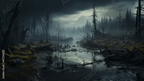 A dense fog hanging over a swamp. © Creative artist1