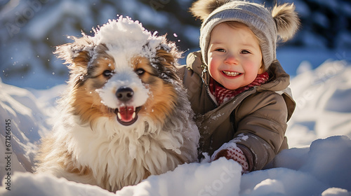 cute happy baby playing with dog in winter outside © КРИСТИНА Игумнова