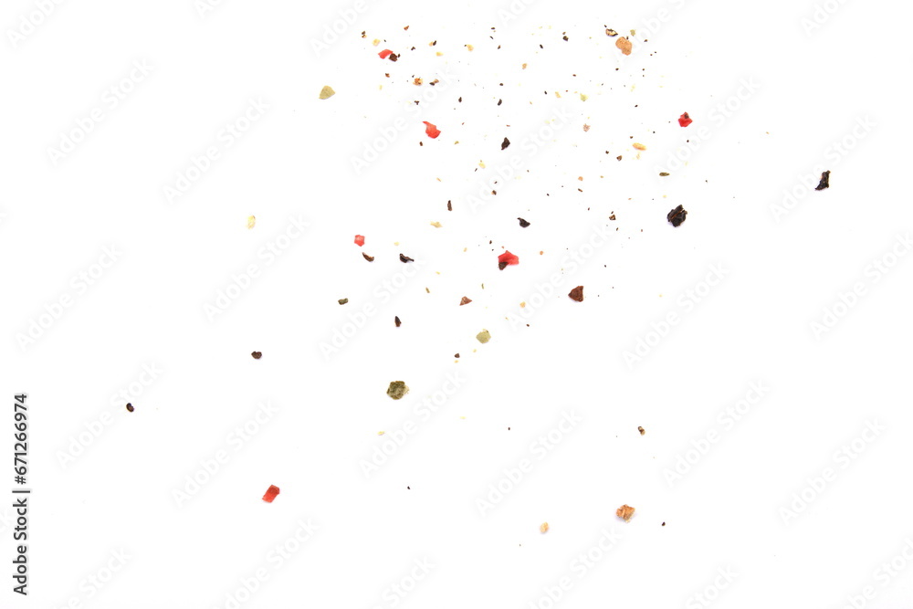 Spice of multicolored ground pepper isolated on white background.