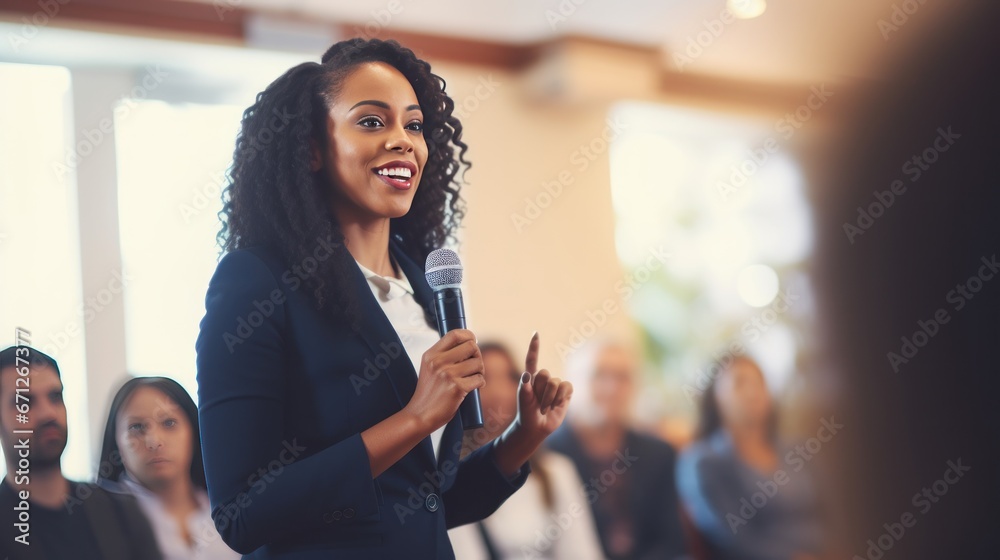  Confident businesswoman delivering a corporate presentation at a seminar or conference. The image showcases her expertise and leadership skills in a professional setting generative ai - obrazy, fototapety, plakaty 