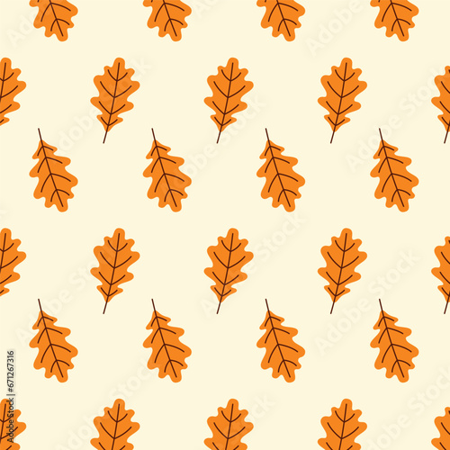 Seamless thanksgiving, colorful autumn, fall pattern, background with oak leaves. Vector Illustration