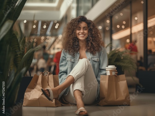 Woman sitting in Colombian shopping mall and drinking coffee