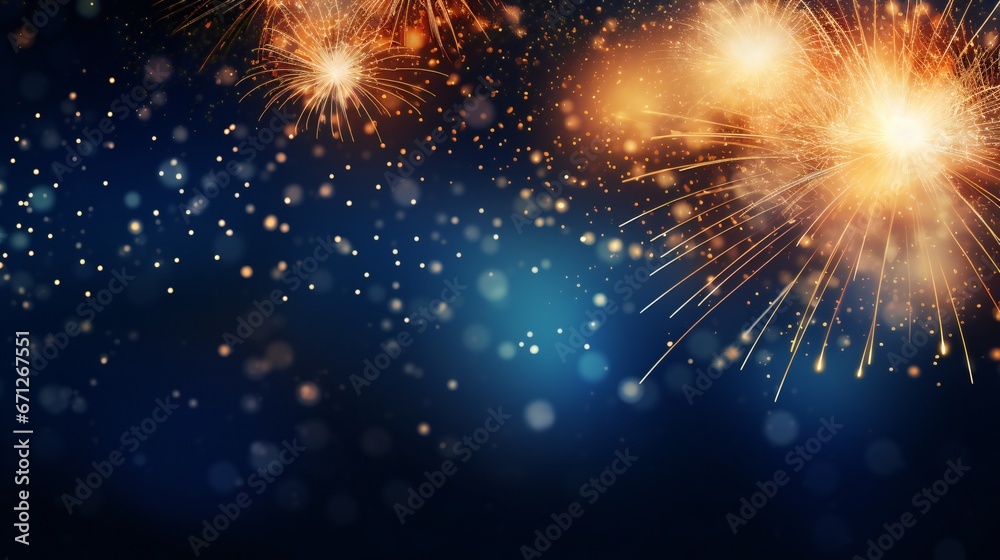 Obraz premium Fireworks for New Year and copy space - abstract festive background in dark color