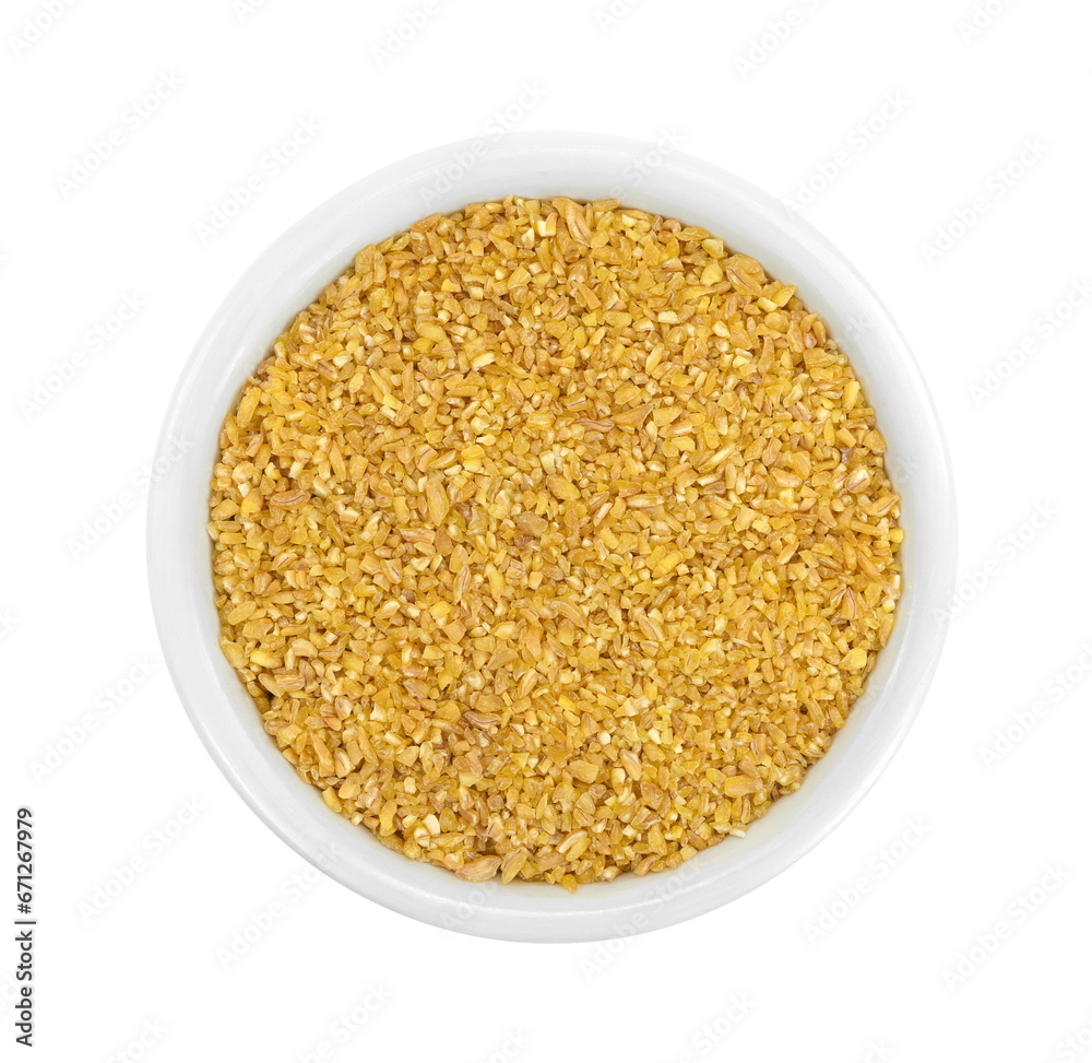 Raw Bulgur in a bowl Isolated on a white background. Raw bulghur, dry cracked parboiled wheat groats, cereal Raw Bulgur in a bowl Isolated on a white background. Raw bulghur, dry cracked parboiled wheat groats, cereal