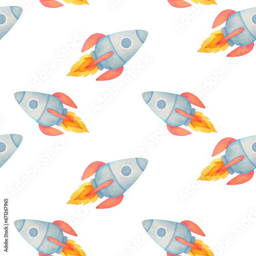 watercolor cute seamless pattern with Rocket space ship. Futuristic, cosmic Hand drawn childish print design on transparent background